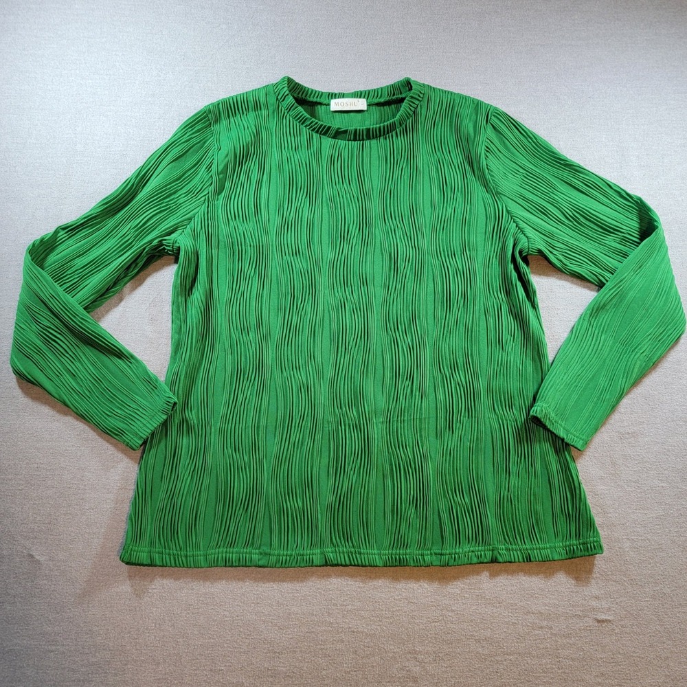 Moshu Plissé Long Sleeve Top Womens Large Green Excellent Textured Pullover